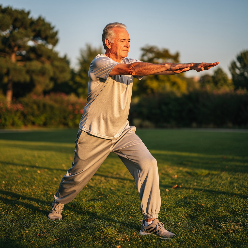 Senior man stretching during an outdoor yoga session