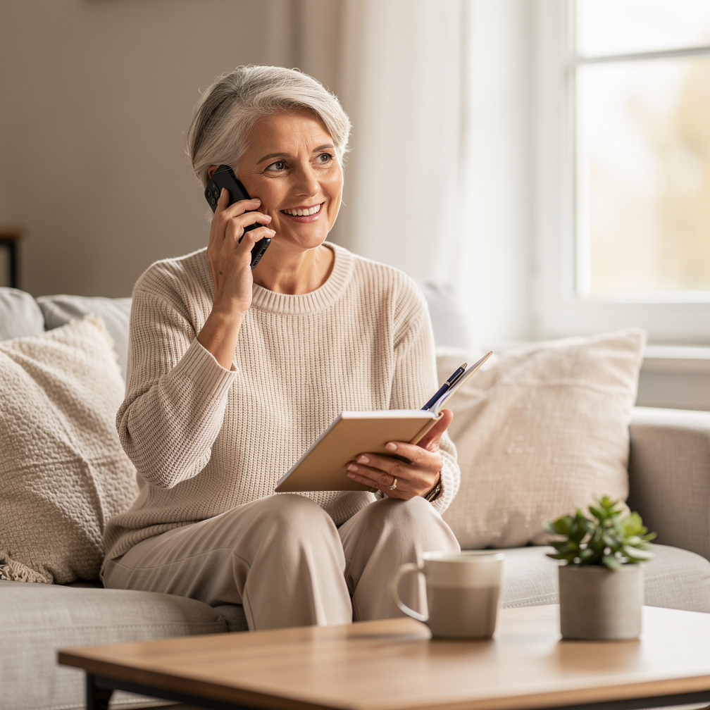 Friendly senior woman talking on the phone at home