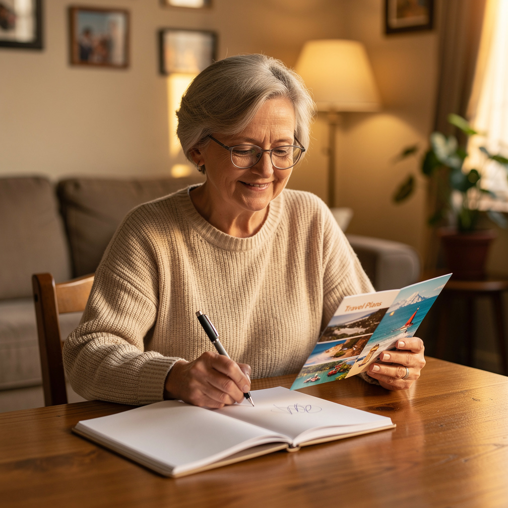 Senior woman planning trip at home with notebook and coffee